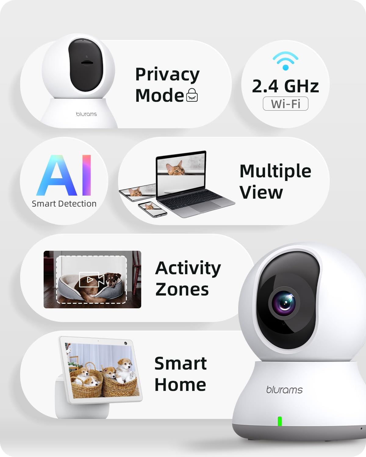 blurams Indoor Camera 2K, Cameras for Home Security 5GHz, 360° Pet Camera w/Motion Tracking, Phone App, 2-Way Audio, IR Night Vision, Siren, Works with Alexa & Google Assistant