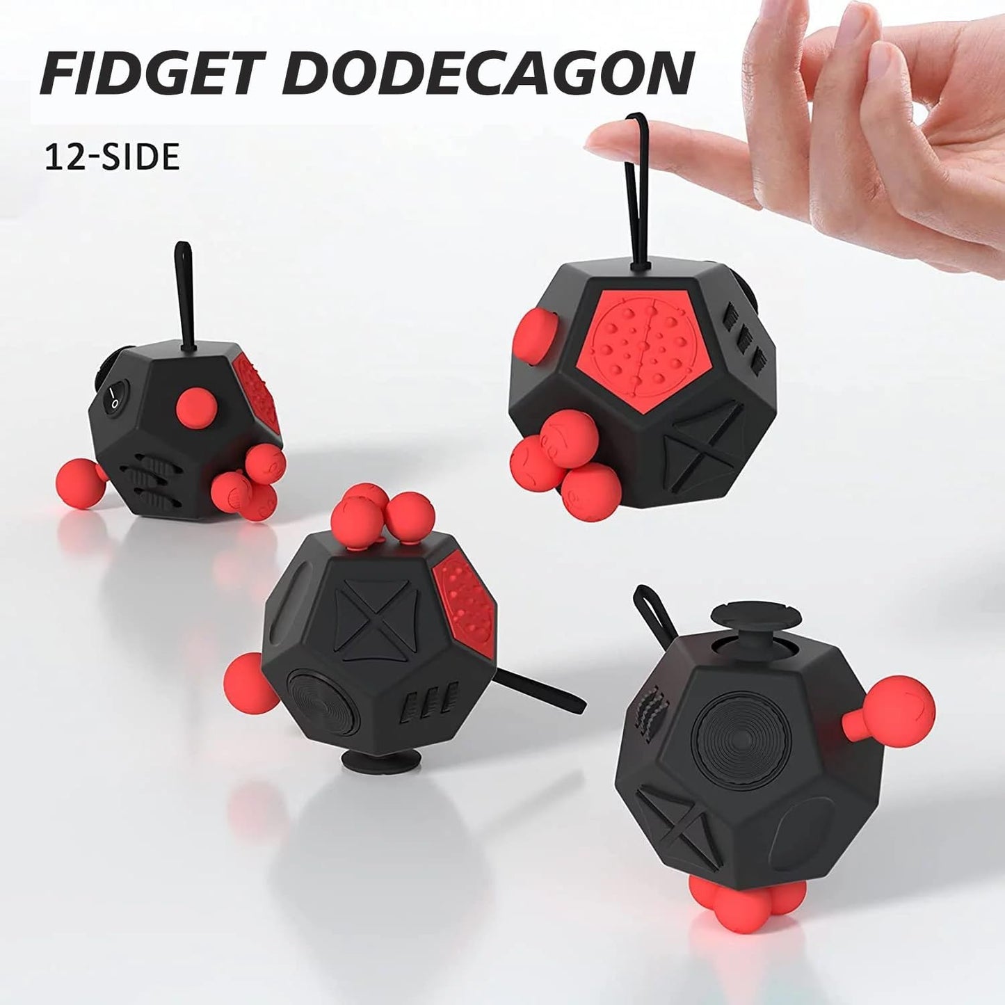 Fidget Dodecagon –12 Side Fidget Toy Cube Relieves Stress and Anxiety Anti Depression Cube for Children and Adults with ADHD ADD OCD Autism (A4 Black red)