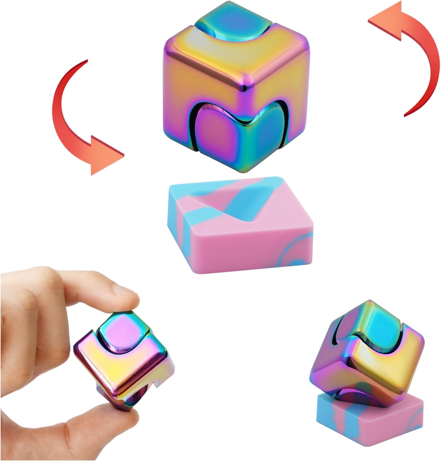 Desk Fidget Toys Spinner-Cube: Figetsss Cool Gadgets Metal Kinetic EDC-Toy with Silicone Base, ADHD Tools Cool Stuff Thing Office Toy Game Stress Relief Gift for Kid Children Teen Adult Christmas