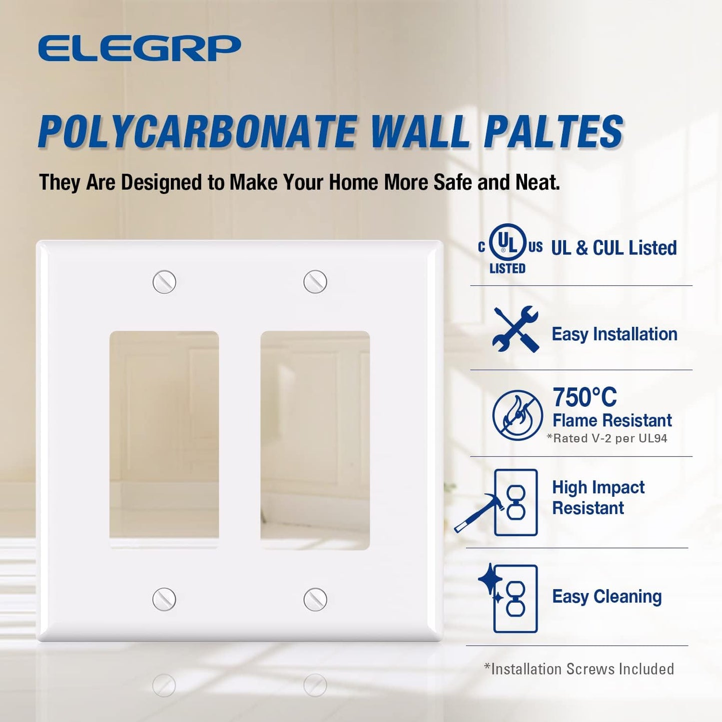 ELEGRP 2-Gang Decorative Wall Plates, Mid-Size 4.88" H x 4.94" L Unbreakable Thermoplastic Faceplate Cover for Decorator Receptacle Outlet Switch, UL Listed (1 Pack, Glossy White)