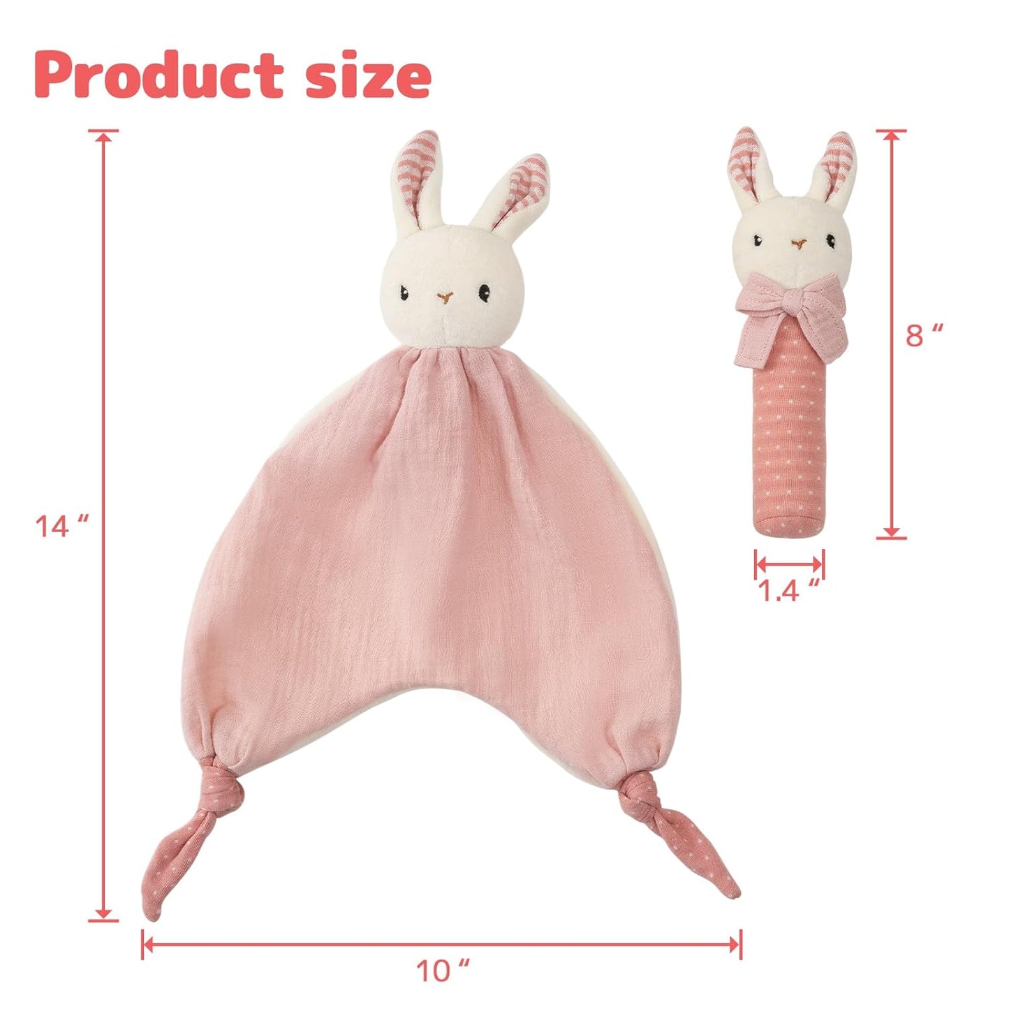 Organic Cotton Stuffed Animal Rattle Baby Toys, Hand Grip Rattle Squeaker Sticks Toys, Bunny Cuddle Cloth and Ring Rattle Plush Toy Set for Newborns Infant Boys Girls, 2 PCS