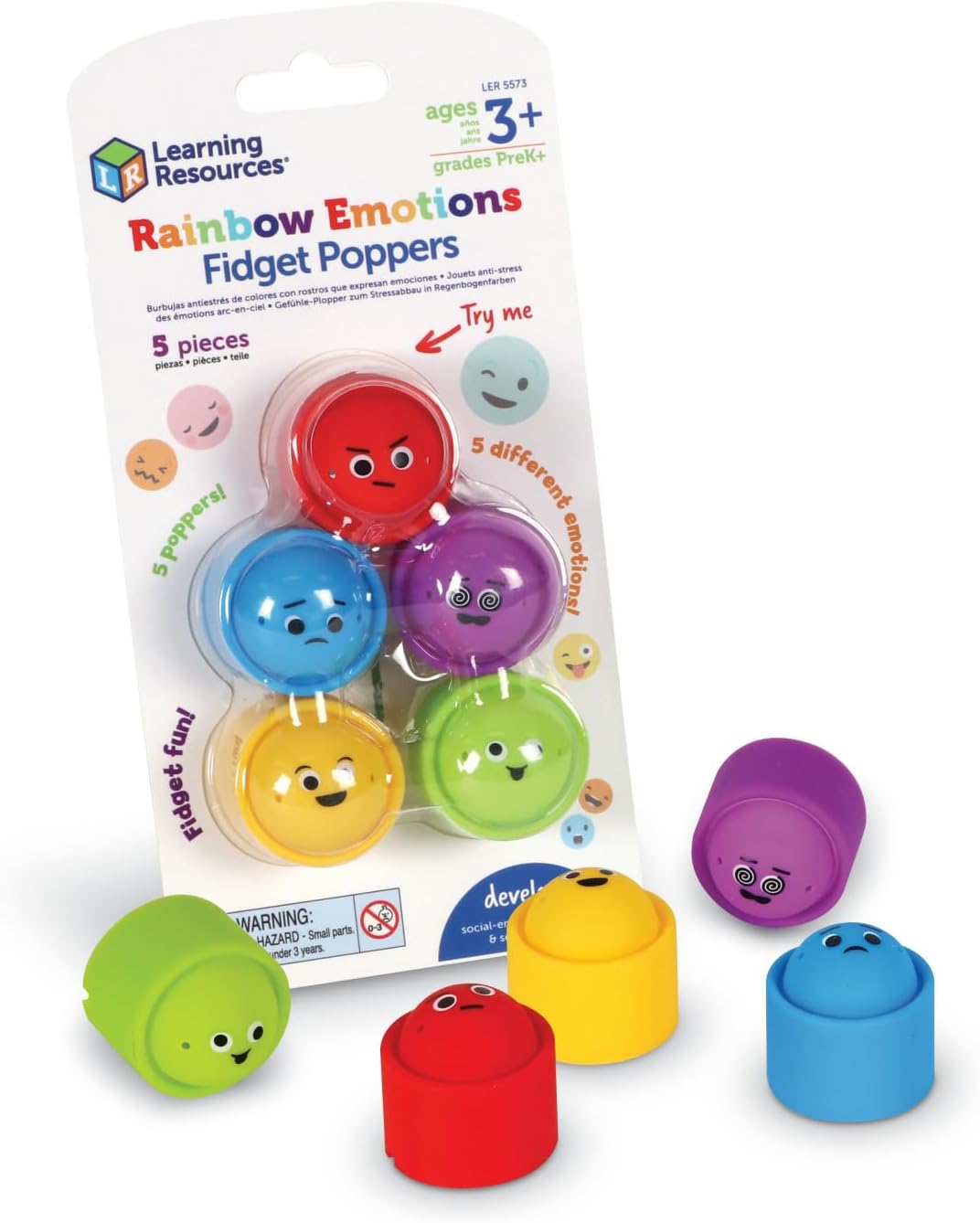 Learning Resources Rainbow Emotion Fidget Poppers, 5 Pieces, Ages 3+, Sensory Toys, Social-Emotional Learning,Sensory Toys for Toddlers,SEL Skills,fine Motor Skills