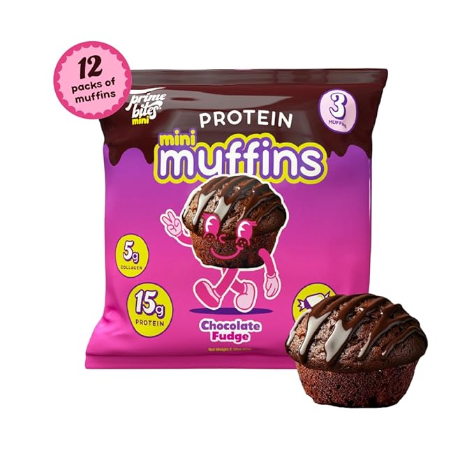 Prime Bites Minis | Protein Mini Muffins from Alpha Prime Supplements | High Protein, Collagen Fortified Low Sugar Treat | Delicious Snack | 12 Packs per Box - Chocolate Fudge