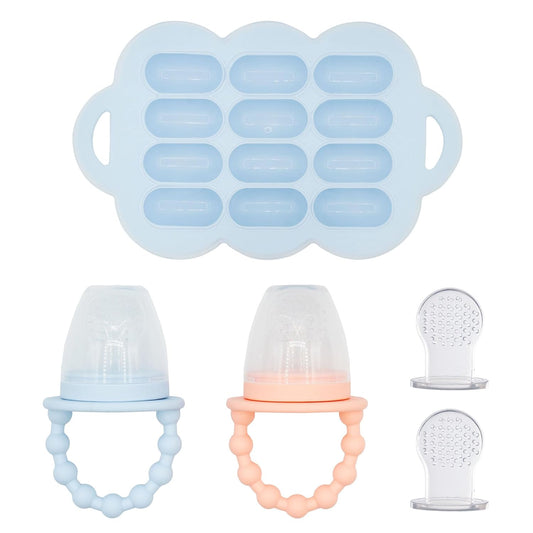 WeeSprout Silicone Baby Food Feeders + Freezer Tray for Batch Prep, Set of 2, Introduce New Foods Safely, Double as Teething Toys, Includes 2 Extra Pouches & Travel Lids, Dishwasher Safe