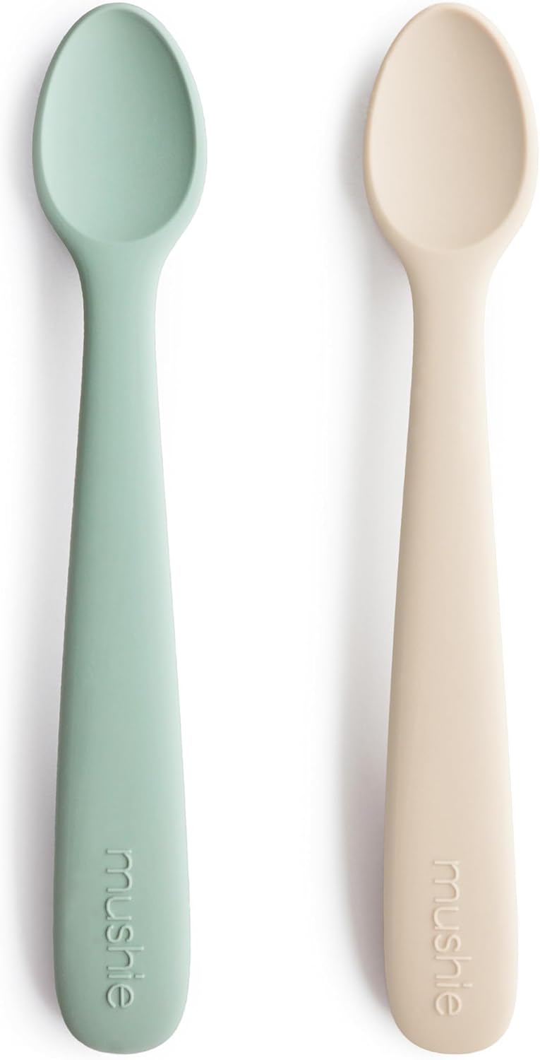 mushie Silicone Baby Feeding Spoons | 2 Pack (Cambridge Blue/Shifting Sand)