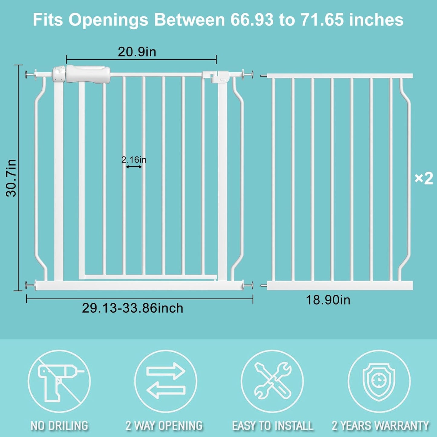 WAOWAO Baby Gate 66.93-71.61" Extra Wide Pressure Mounted Walk Through Swing Auto Close Safety White Metal Toddler Kids Child Dog Pet Puppy for Stairs,Doorways,Kitchen