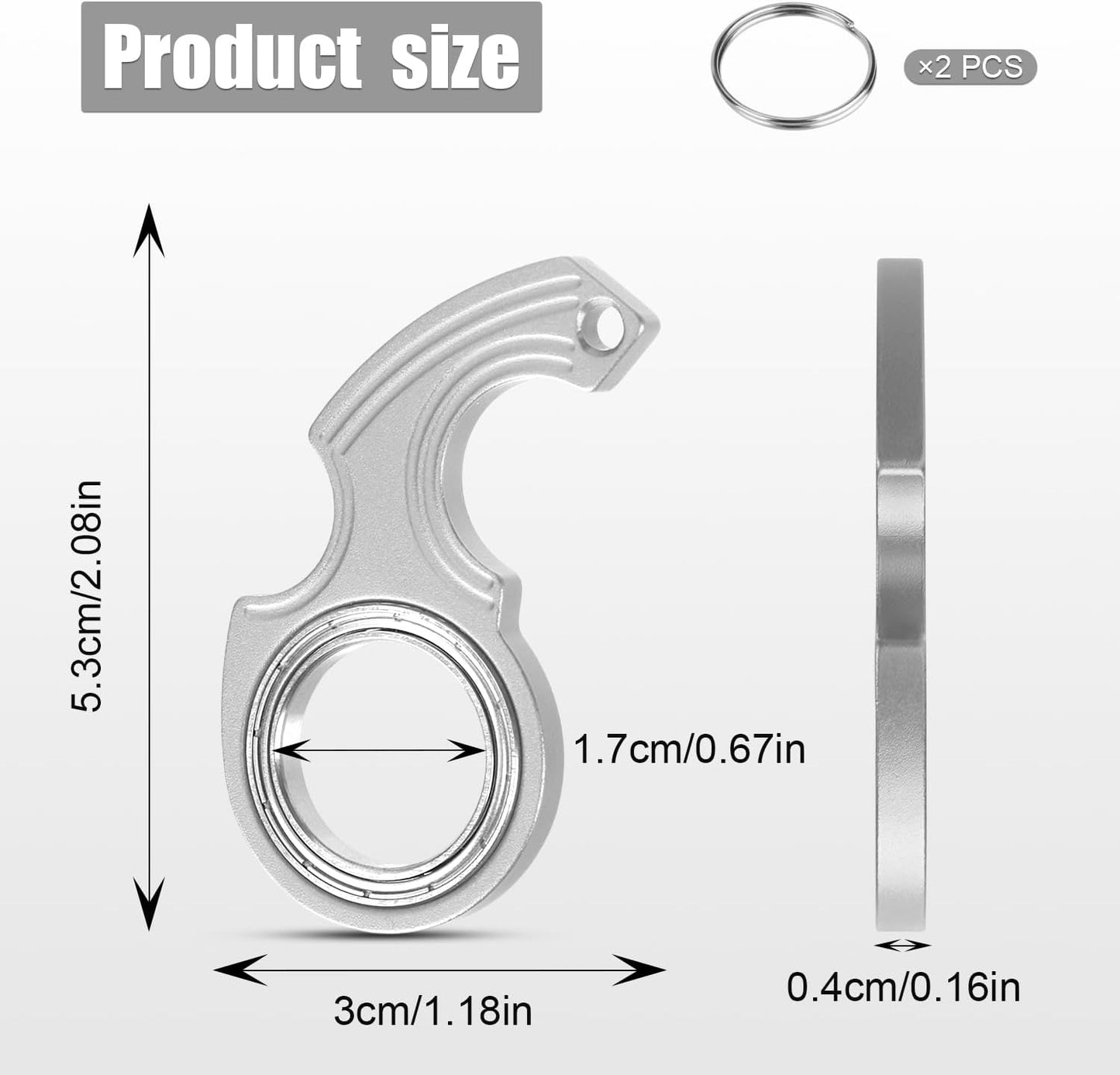 2pcs Key Chain Spinner Fidget Toy, Portable Finger Spinning Keychain with 2pcs Key Ring Funny Key Holder Toys for Adults Teens Finger Exercising (Silver)