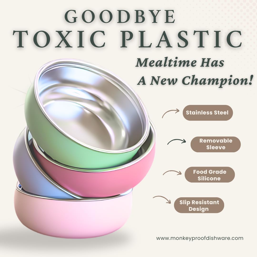 Monkey Proof™ Non-Toxic Stainless Steel Child Bowl 5” with Non-Slip Silicone Shell, (Set of 4 bowls) Unbreakable, Mess Free Feeding for Babies, Toddlers, Kids, BPA free (Sage Green)