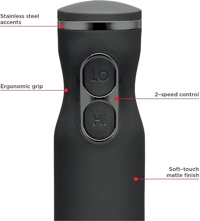 Chefman Immersion Stick Hand Blender Powerful Electric Ice Crushing 2-Speed Control Handheld Food Mixer, Purees, Smoothies, Shakes, Sauces and Soups, Black