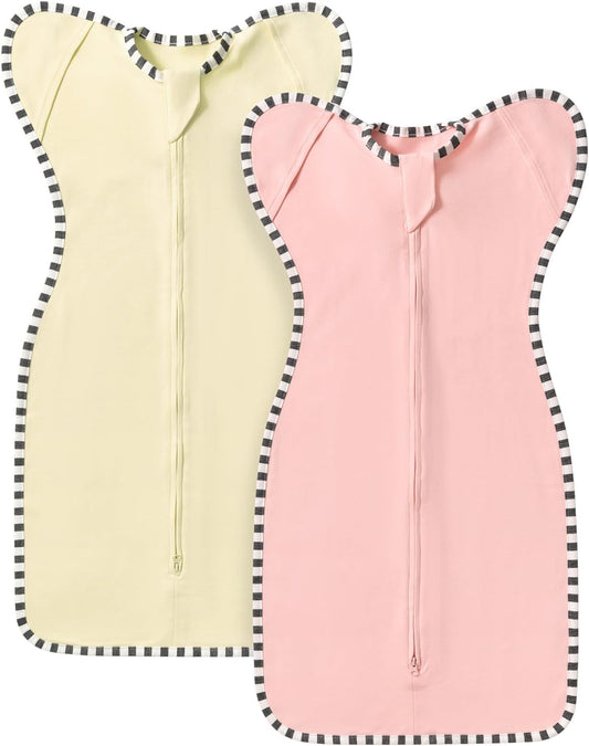 Transition Swaddle, 2 Pack 100% Cotton Baby Sleep Sack, 2-Way Zipper Infant Arm Up Swaddle for Newborn Baby Boys Girls (Pink + Beige, L(6-9 Months))