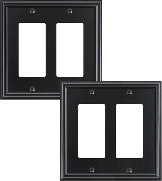 2-Pack Decorative Double Decorator Outlet Cover Plate, Durable Zinc Alloy Black Wall Plates for Electrical Outlets, Receptacle, GFCI Outlet, Dimmer Switch, 2-Gang, Corrosion Resistant