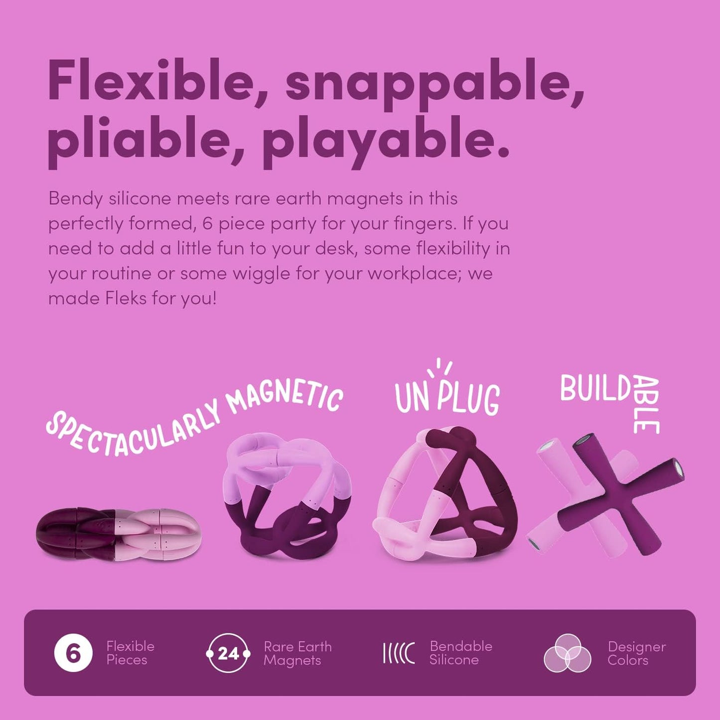 Speks Fleks Silicone 6-Piece Building Set - Mulberry - Fun Desk Toy for Adults