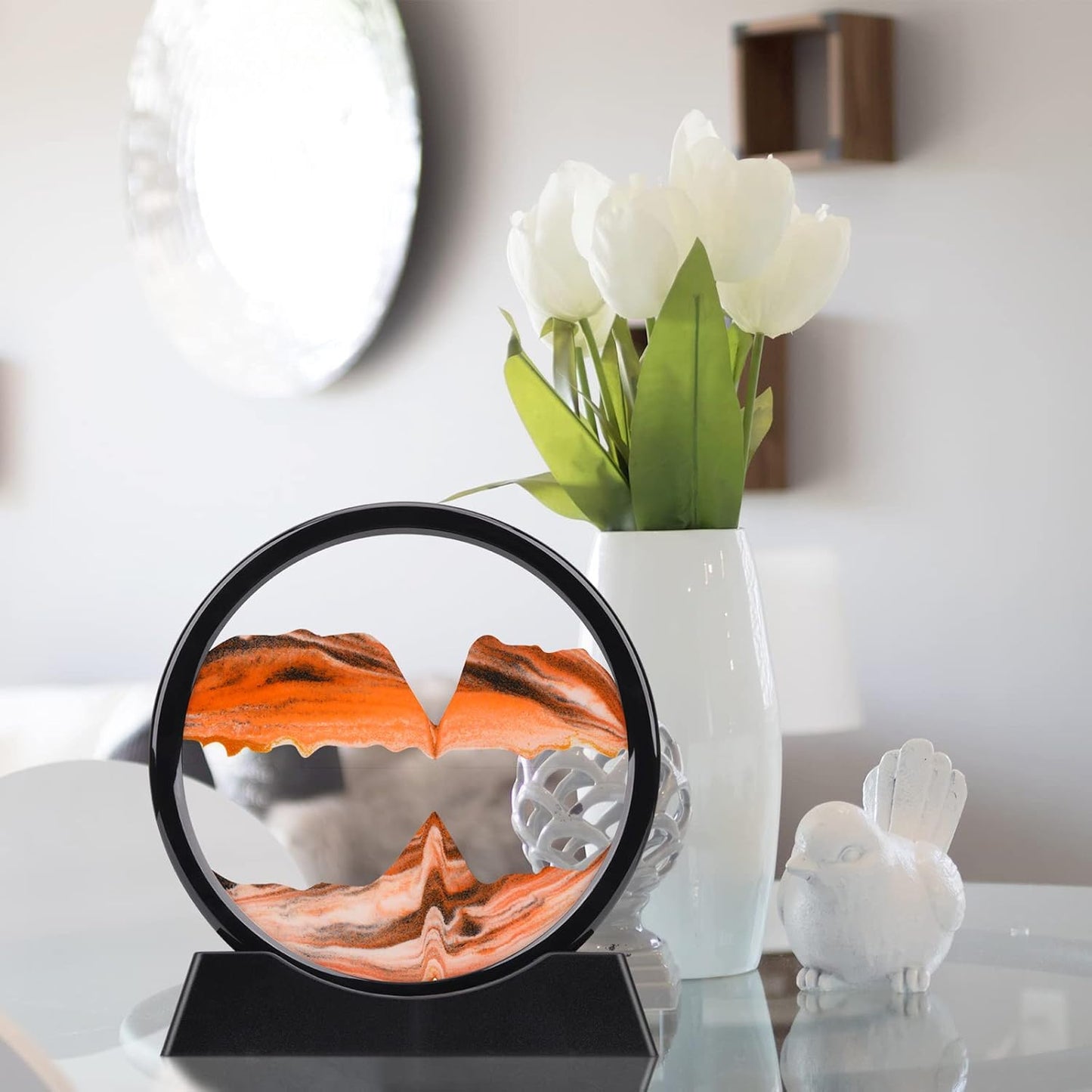 QLKUNLA Moving Sand Art Picture Liquid Motion 3D Deep Sea Sandscape in Motion Display Flowing Sand Frame Relaxing Desktop Home Office Work Decor Art Toys (7 inch, Orange)