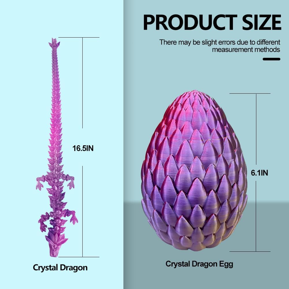 3D Printed Dragon with Dragon Egg 16.5'' Articulated Dragon Crystal Dragon Fidget Dragon Egg Toys Executive Desk Toys (Red Green Blue, Dragon & Egg)