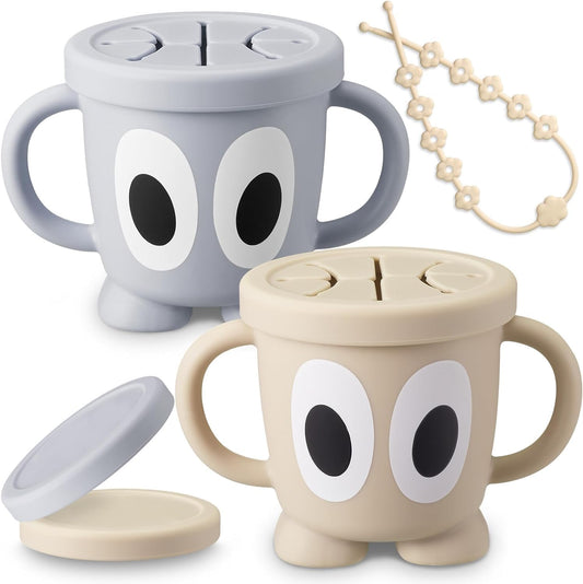 Silicone Snack Cups Food Container for Toddlers and Babies, Spill Proof Training Cup with Snack Cup Lid & Dust Proof Lid, Comes with a toy strap, Without BPA, Lead, or Phthalates（Gray & Beige）