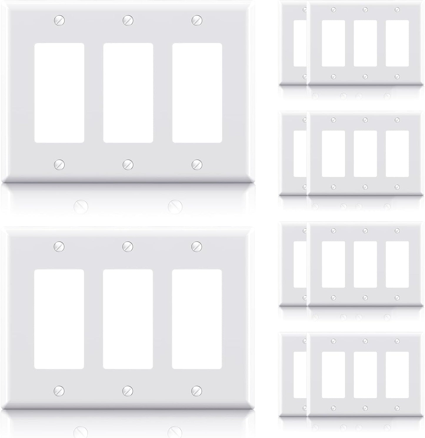 ELEGRP 3-Gang Decorative Wall Plates, Mid-Size 4.88" H x 6.75" L Unbreakable Thermoplastic Faceplate Cover for Decorator Receptacle Outlet Switch, UL Listed (10 Pack, Glossy White)