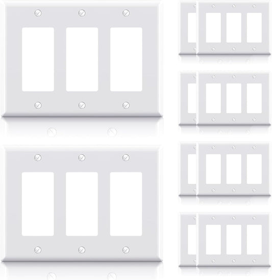 ELEGRP 3-Gang Decorative Wall Plates, Mid-Size 4.88" H x 6.75" L Unbreakable Thermoplastic Faceplate Cover for Decorator Receptacle Outlet Switch, UL Listed (10 Pack, Glossy White)