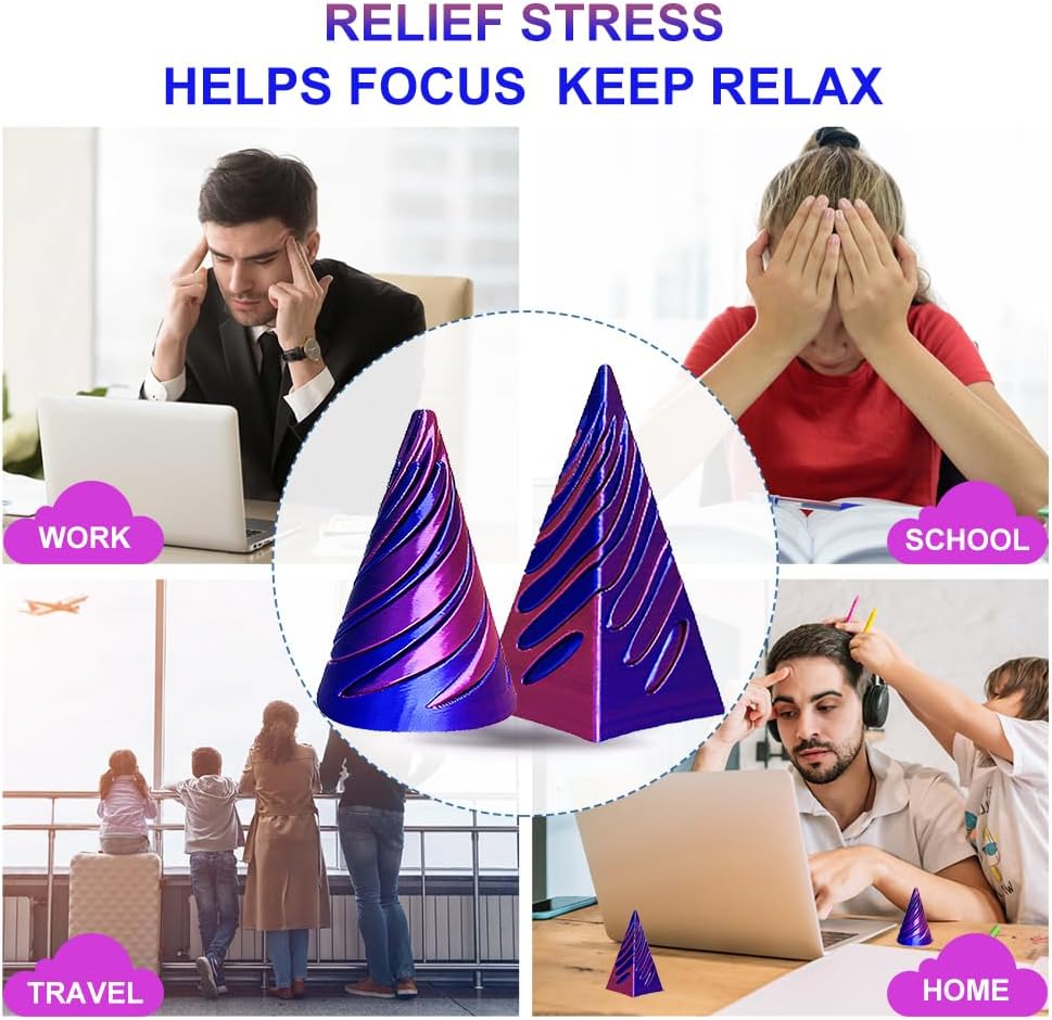Spiral Cone Fidget Toy,Impossible Cone Pyramid Passthrough Sculpture Bulk Fidget Toys for 3D Printed,Anxiety Stress Relief Desk Deco Souvenir Mini Gift Toy for Home Office (#C-Laser Blue Purple)