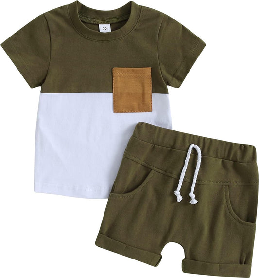 fhutpw Baby Toddler Boy Clothes Summer Outfits 6 12 18 24 Months Patchwork Short Sleeve T Shirt & Shorts Sets with Pockets
