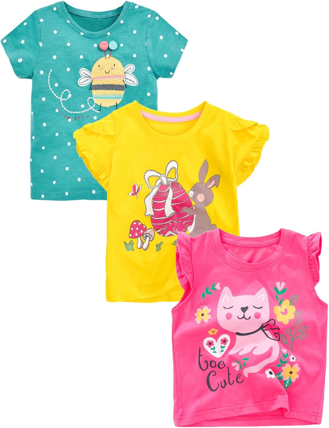 HILEELANG Girls' Tees Ruffle Short Sleeve T-Shirt Cotton Casual Graphic Summer Crewneck Tunic Tops