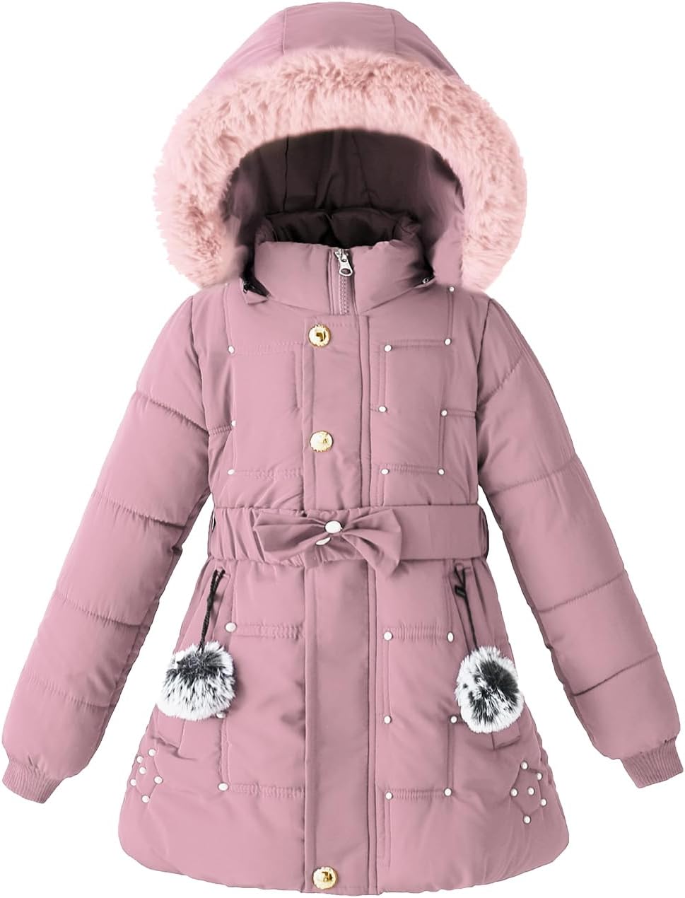 Girls Winter Dress Coats Faux Fur Hooded Fleece Jackets Waterproof Parka Outwear