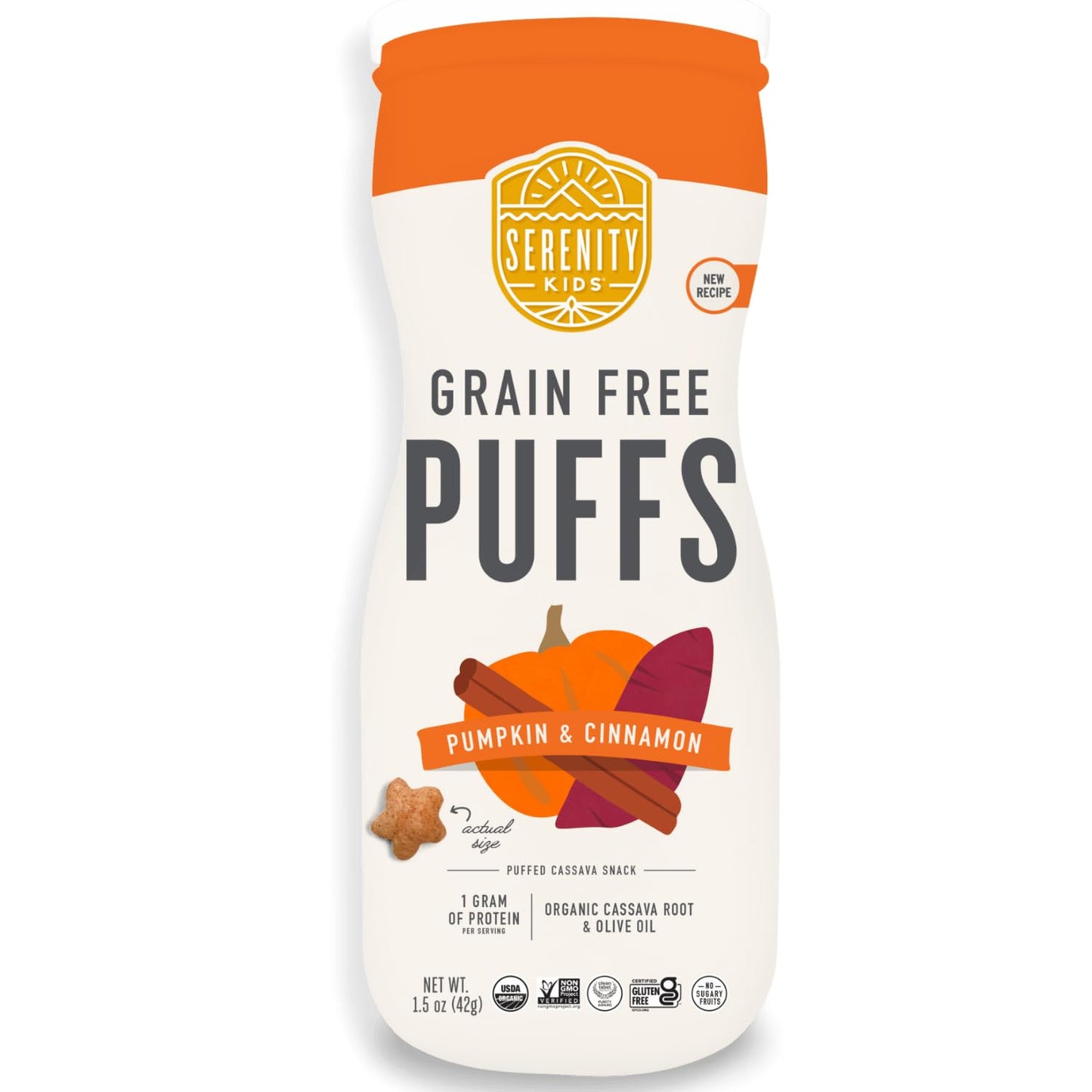 Serenity Kids 6+ Month Grain Free Puffs Toddler & Baby Snack - No Added Sugar - No Gluten or Rice - BPA & Allergen Free - With Organic Cassava, Veggies & Herbs - Pumpkin & Cinnamon - 6 Count