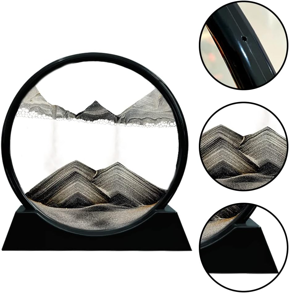 Aoderun Moving Sand Art Picture Round Glass 3D Deep Sea Sandscape in Motion Display Flowing Sand Frame Relaxing Desktop Home Office Work Decor (12", Black)