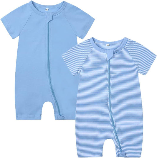 Feidoog Baby Boys 2Pack Rompers Summer Short Sleeve 2 Way Zipper One-Piece Romper Jumpsuit Sleep and Play