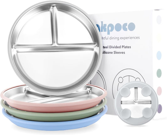 Stainless Steel Suction Plates for Toddlers, 9" Divided Kids Baby Plates with Removable Silicone Suction, Non Toxic Non Slip Portion Control Snack Dishes 4 Packs, Blue Green Gray Pink