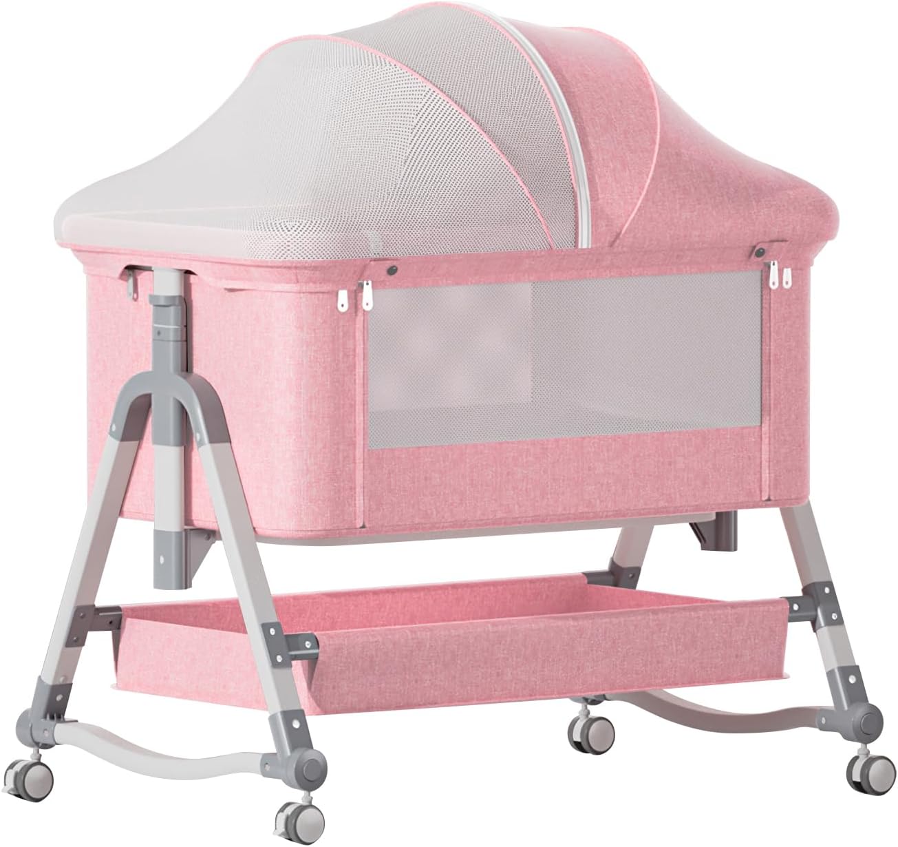Jaoul 4 in 1 Baby Bassinet Bedside Sleeper Baby Crib, Adjustable Cosleeper for Baby, Easy Folding Portable Baby Bed Rocking Bassinets with Comfy Mattress Mosquito Net Storage for Infant Newborn Pink