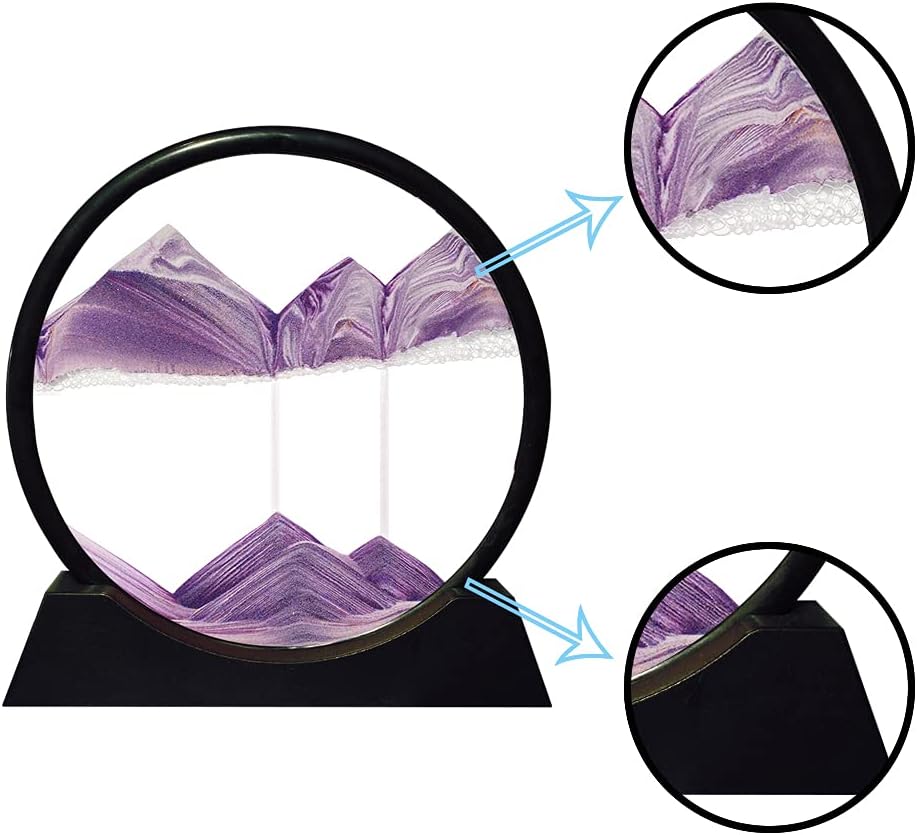 Aoderun Moving Sand Art Picture Round Glass 3D Deep Sea Sandscape in Motion Display Flowing Sand Frame Relaxing Desktop Home Office Work Decor (12", Purple)