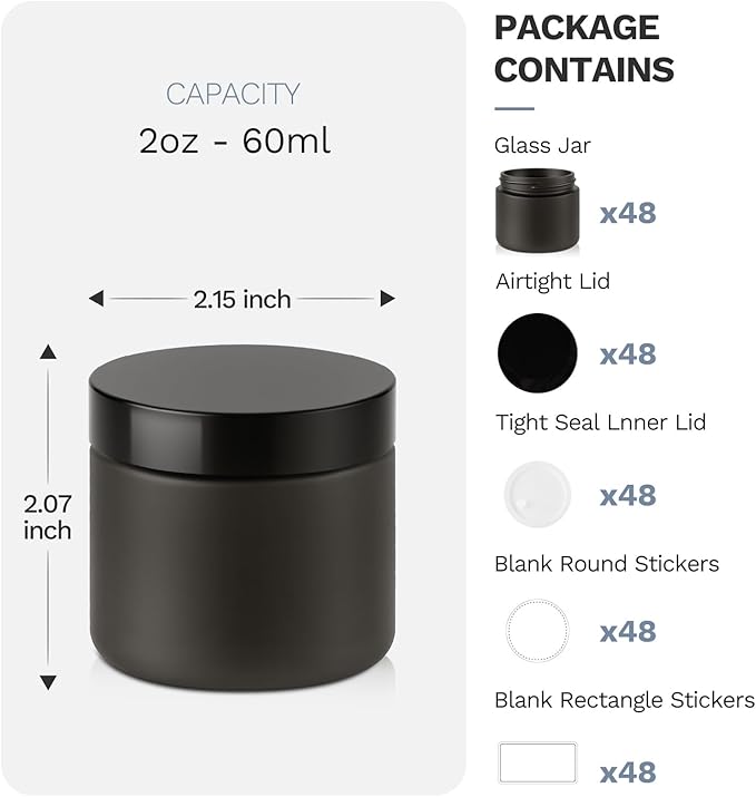 2 oz Glass Jars with Lids, Bumobum 48 pack Black Cream Jars with Black Lids, Black and White Labels & Inner Liners, Empty Cosmetic Containers for Cream, Lotion, Ointment