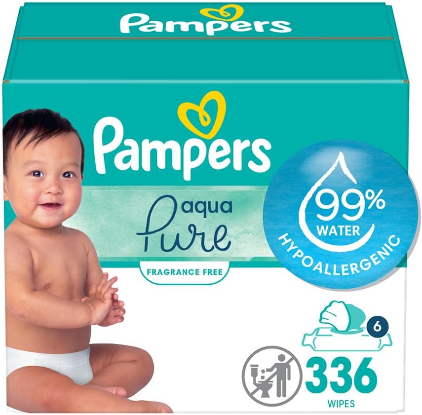 Pampers Baby Wipes Aqua Pure, 99% Water Based Wipes, Hypoallergenic and Unscented Infant Wipe, 336 Total (6 Flip-Top Packs)