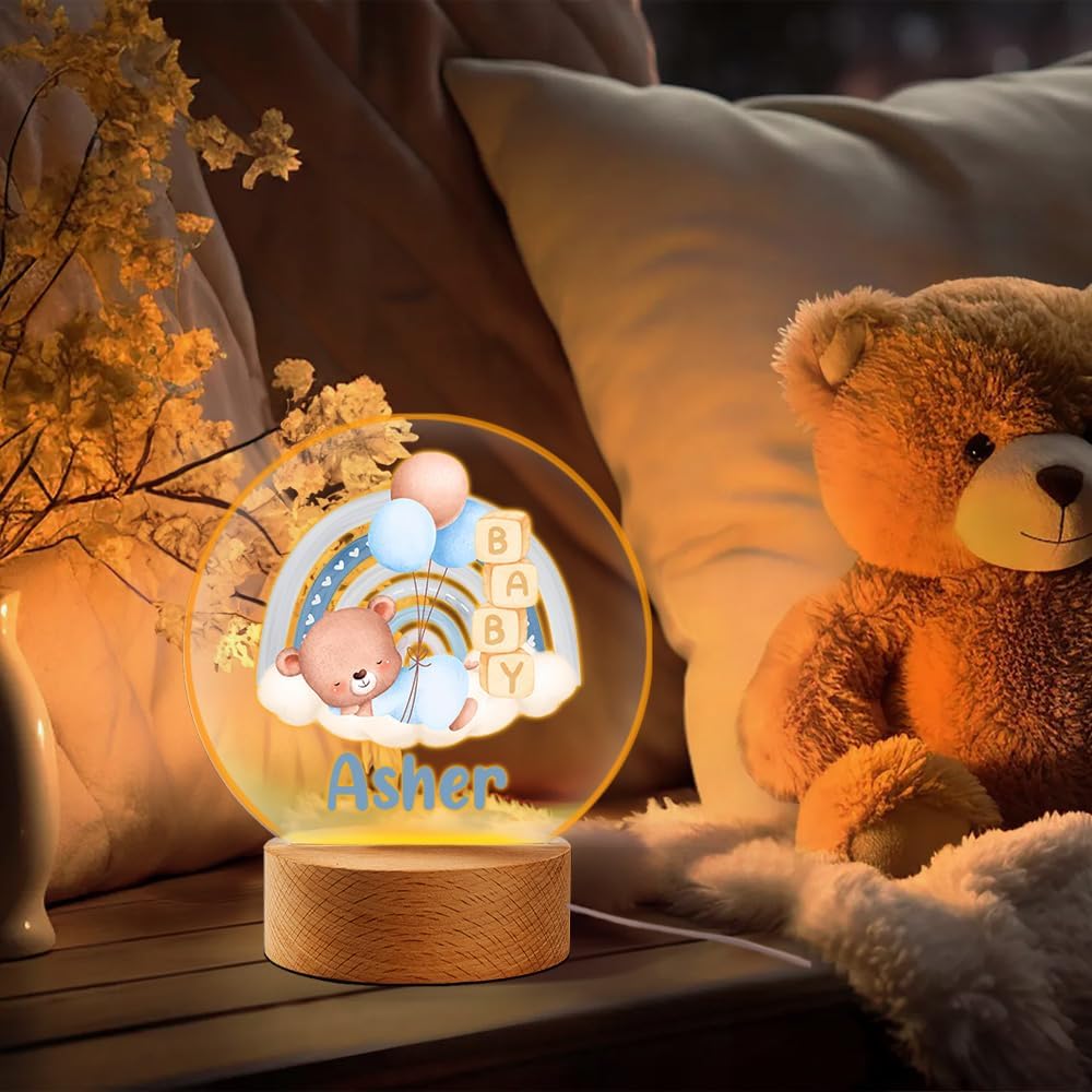callie Acrylic Night Light Name Plate Personalized, Custom Cute Sleep Bear with Wooden Base Bedroom Decor, Birthday Gifts Christmas Gifts for Family (Cute Bear)