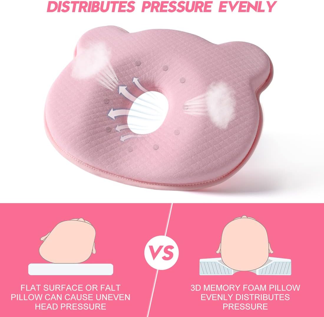 Memory Foam Travel Pillow,Portable Cute Cartoon Bear Soft and Cozy Pillow (Pink)