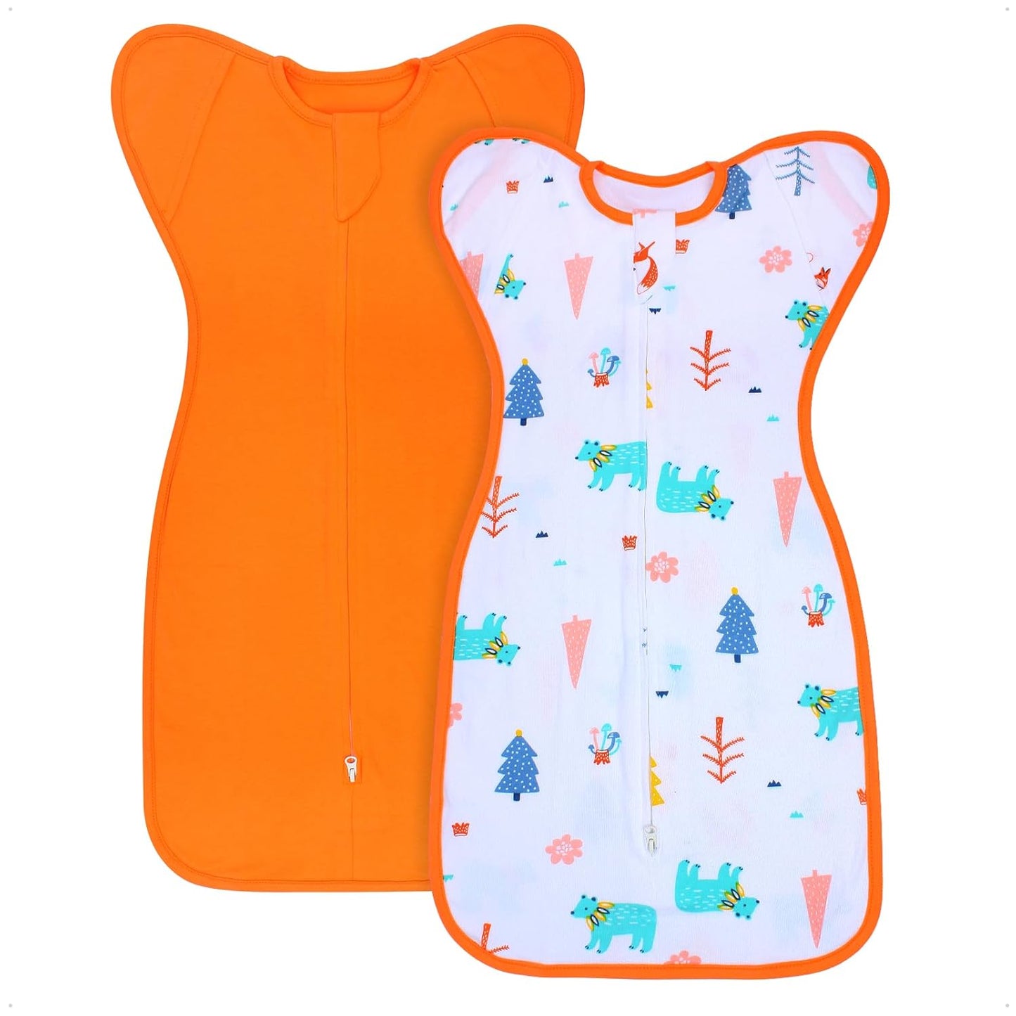 Transition Swaddle 0-3 Months, Newborn Sleep Sack Arms up Swaddle 2-Way Zipper 100% Cotton Arms in/Out, 0.8 Tog Baby Sleep Sack for Boy Girl, 2-Pack Transitional Swaddle Sack (Small 5-14lbs)