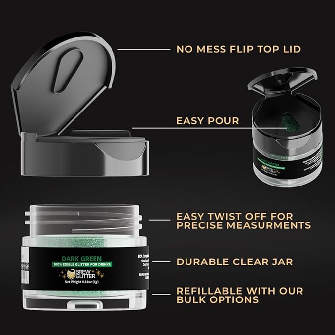 Brew Glitter Dark Green Edible Drink Glitter 1x 4g Jar for Cocktails, Beer, & Beverages