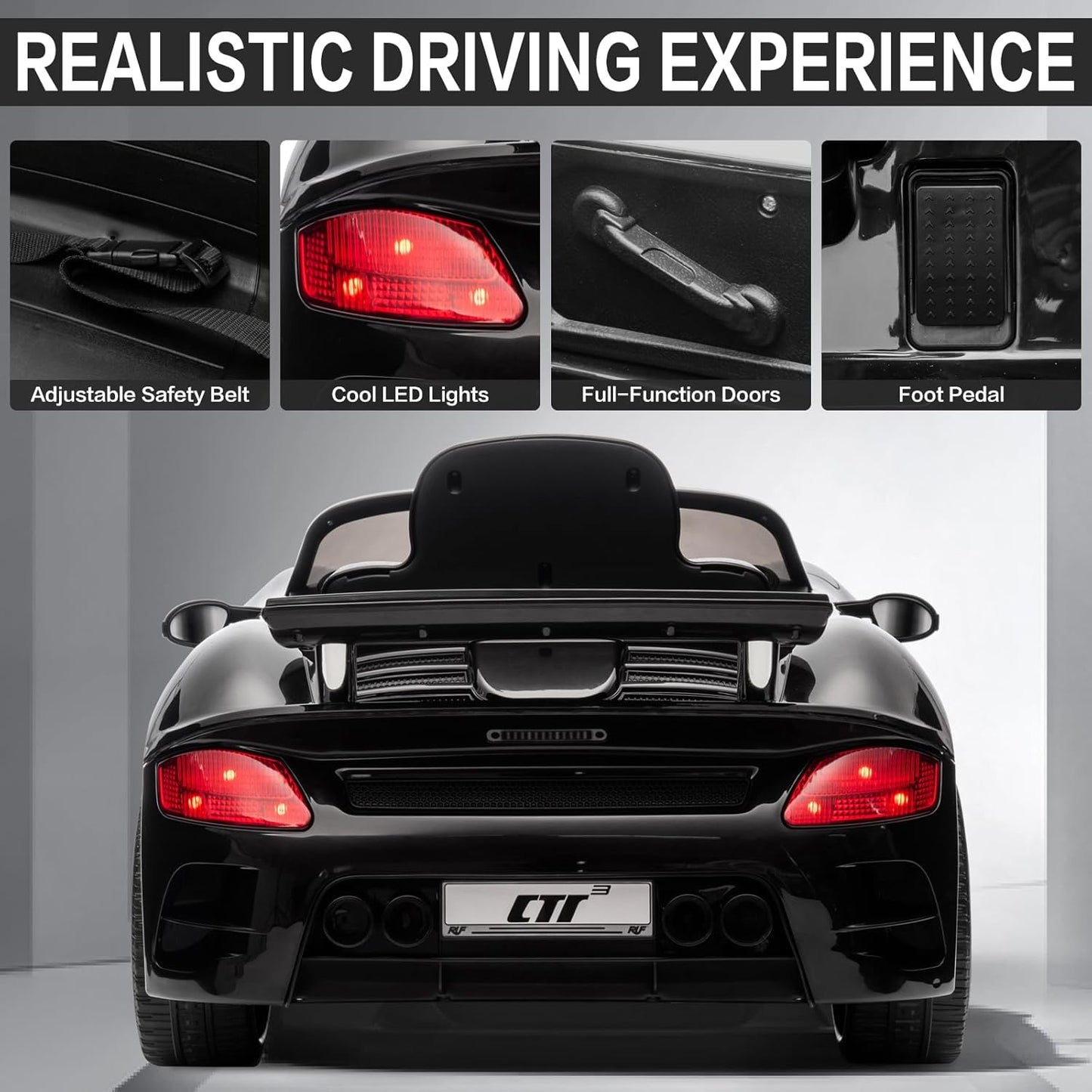 Licensed RUF CTR3 12V Kids Electric Car with Parent Remote Control, 2 Motors, 3 Speeds, LED Lights, MP3 Player | Battery Powered Ride-On Toy for Kids to Drive - Black