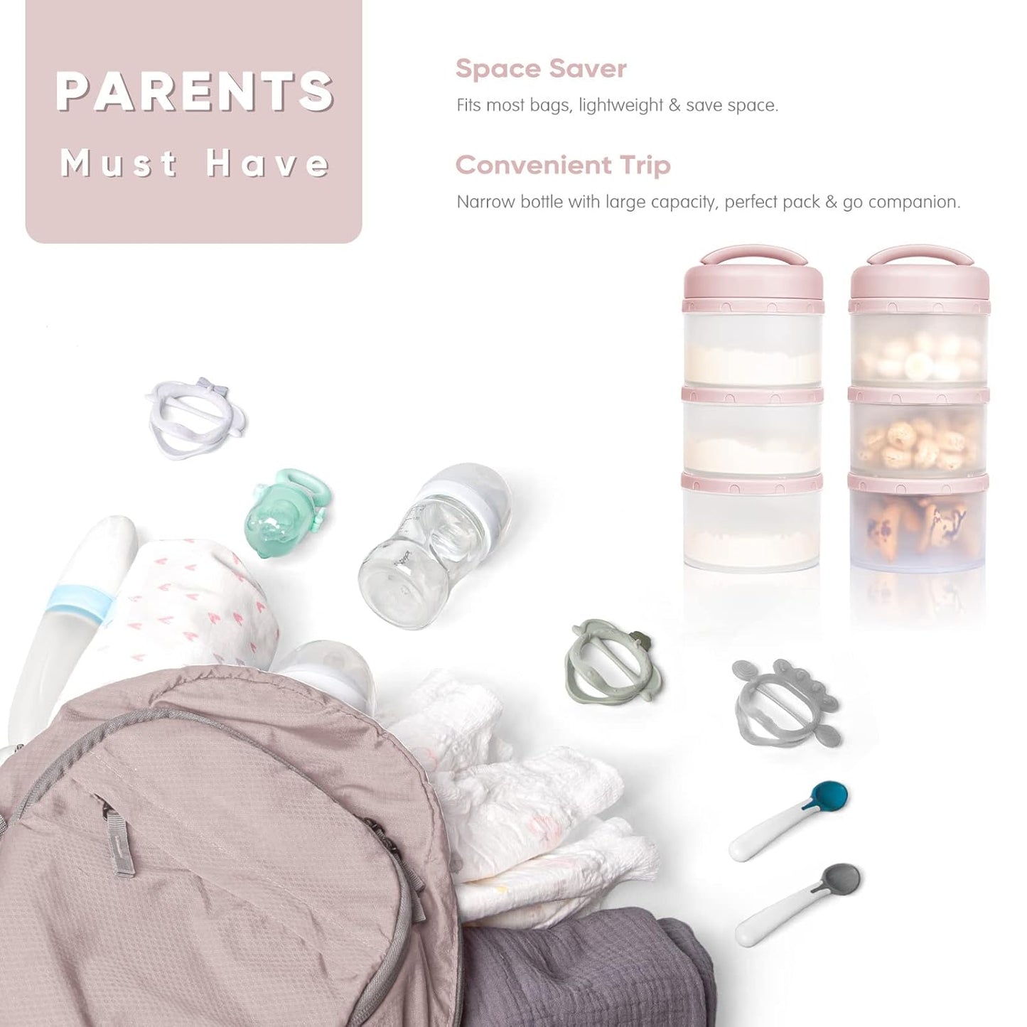 Termichy Stackable Formula Dispenser Portable Milk Powder Container, 2 Pack, Light Pink