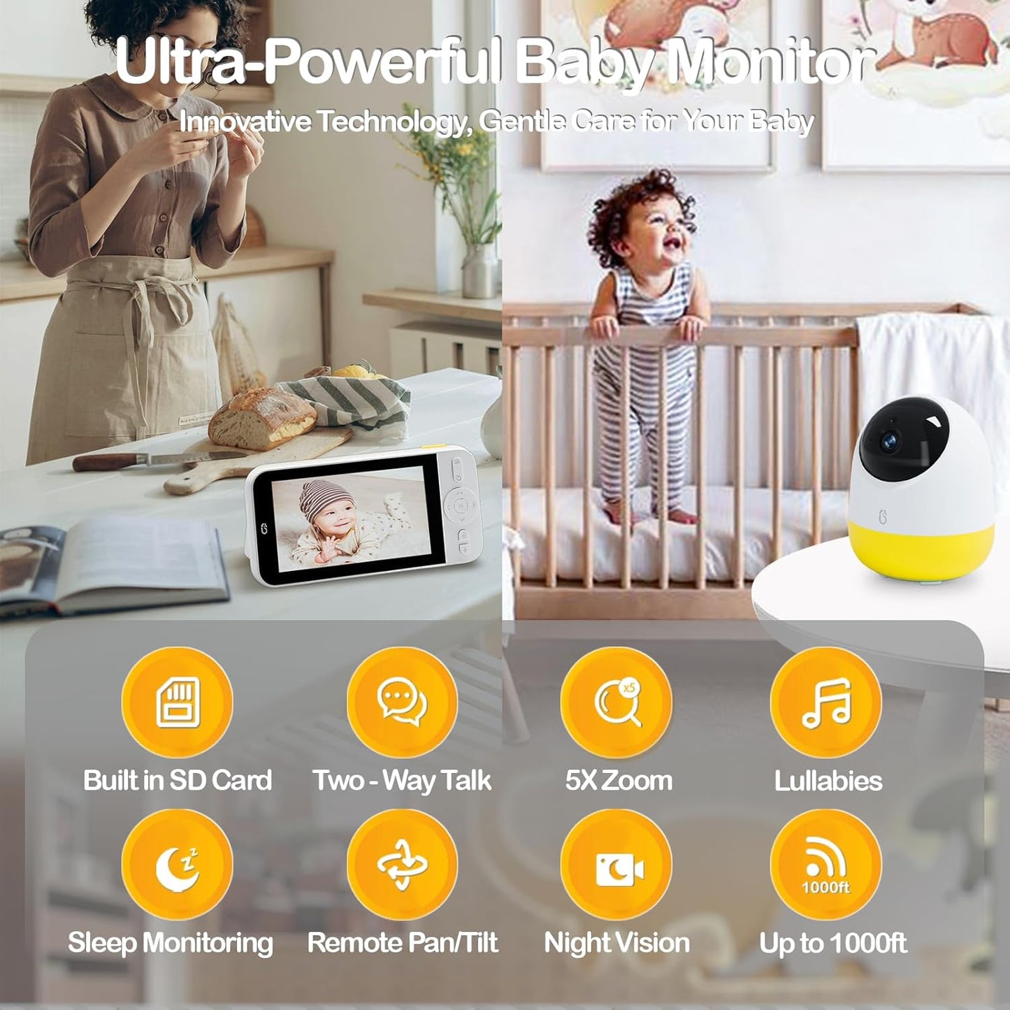 Ellie Pro Baby Monitor with Camera and Audio,5'' IPS 2K UHD Resolution,6000mAh Battery, Remote Pan-Tilt-5X Zoom, 2-Way Talk,No WiFi, Night Vision, Virtual Fence, Breathing Detection and 1000ft Range