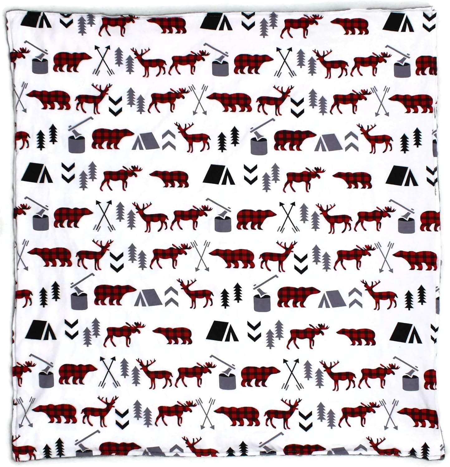 Top Tots Baby Blanket – Soft Plaid Animal Print with Bears, Deer & Trees – White Front, Gray Dotted Minky Back