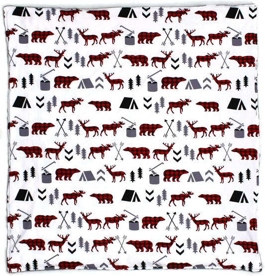 Top Tots Baby Blanket – Soft Plaid Animal Print with Bears, Deer & Trees – White Front, Gray Dotted Minky Back
