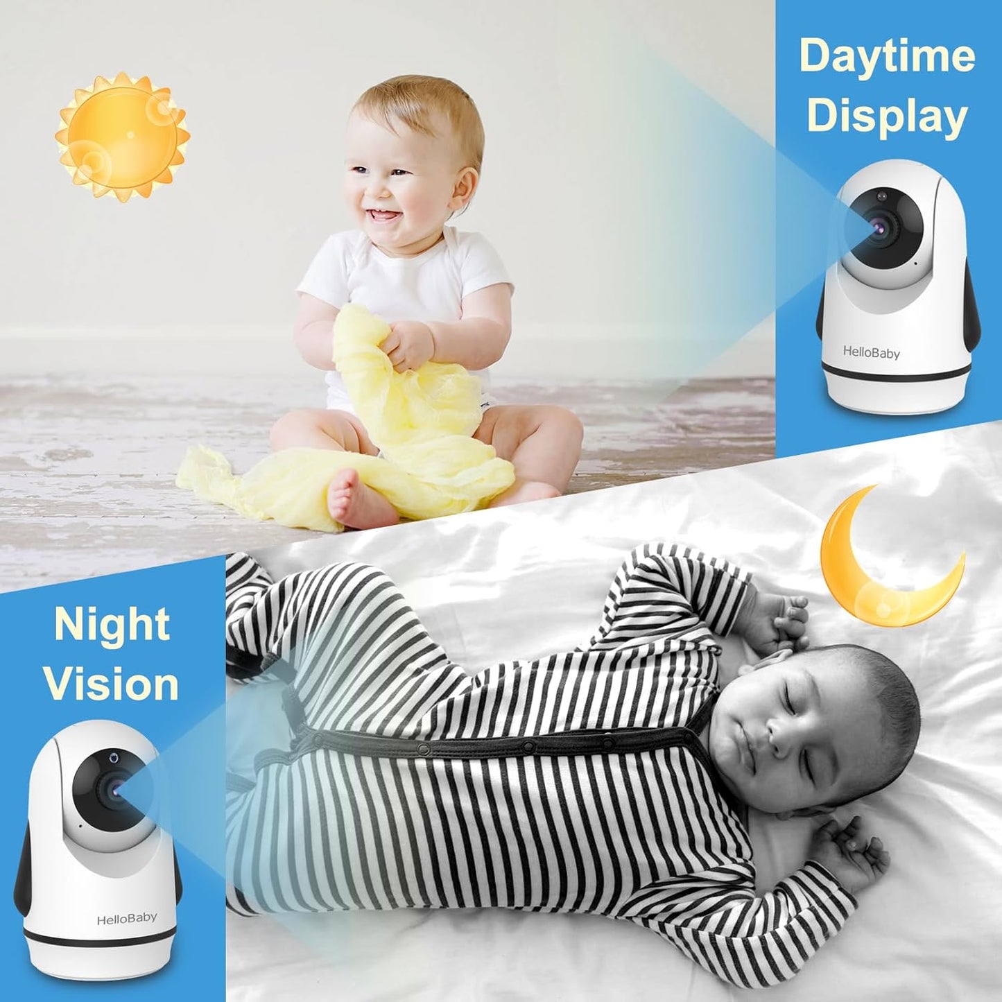 HelloBaby Video Baby Monitor with 2 Cameras and 5 Inch Split Screen Display, Remote Control Cameras with Night Vision and Temprature Monitoring