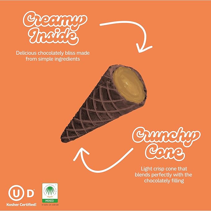 Muddy Bites Waffle Cone Snacks Bite Sized Chocolate Filled Cones for Dessert, Ice Cream Topping, Premium, Kosher(Peanut Butter Chocolate, 8 Bags)