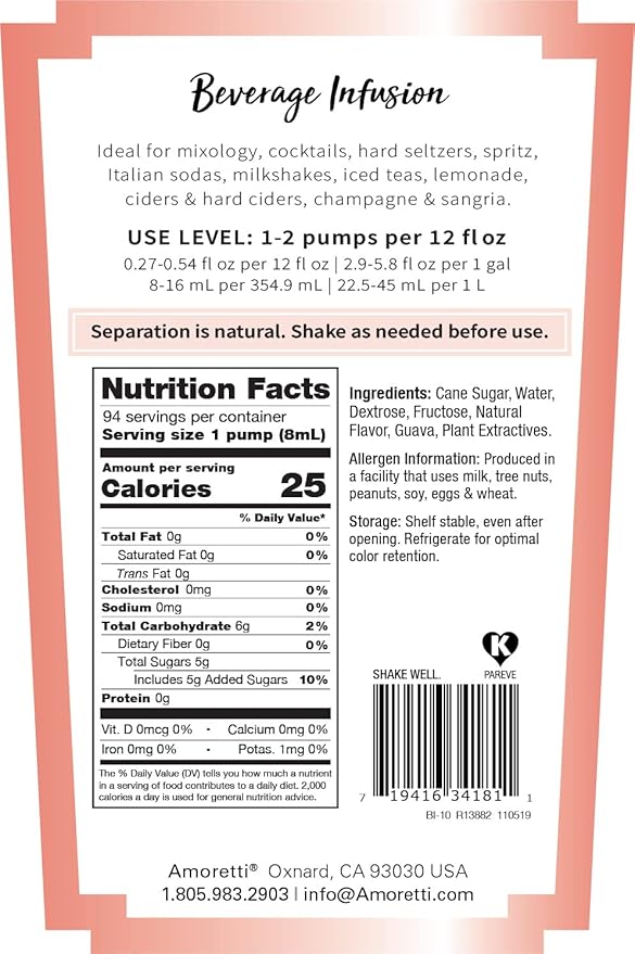 Amoretti - Guava Beverage Infusion Drink Mix & Water Enhancer with Pump for Flavoring Cocktails, Waters, Teas, and other Beverages, 94 Servings Per Bottle (750 ml), Preservative Free
