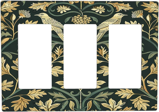 Light Switch Covers William Morris Vintage Botanical Birds Golden Green Leaves 3 Gang Rocker Electrical GFCI Decorative Triple Outlet Wall Plate Cover Switchplate for Bedroom Home Decor