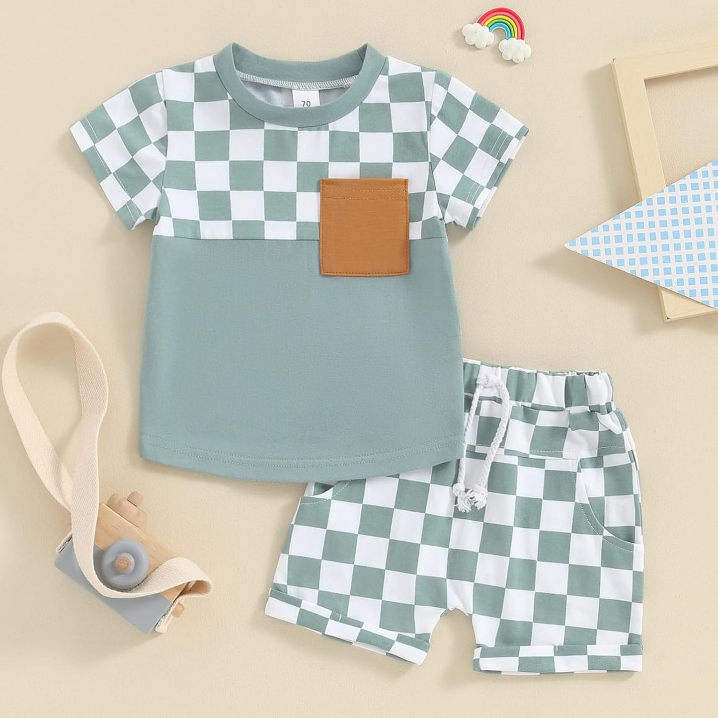 fhutpw Baby Toddler Boy Clothes Summer Outfits 6 12 18 24 Months Patchwork Short Sleeve T Shirt & Shorts Sets with Pockets