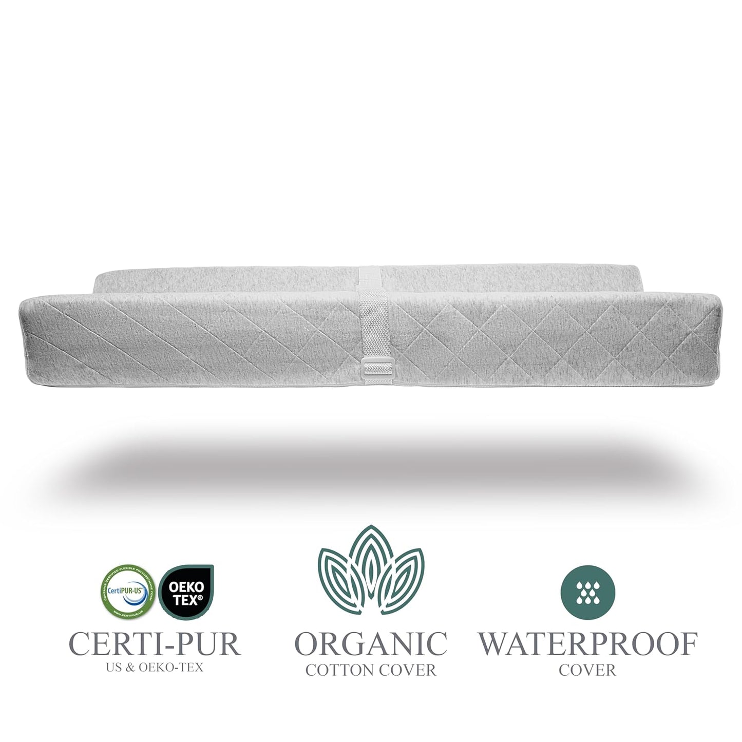 Organic Cotton Contoured Baby Changing Pad w/Waterproof Foam Mattress, Includes Soft, Removable & Washable Cover, Safety Strap, Non-Slip Bottom, Topper for Standard Size Infant Diaper Table & Dresser