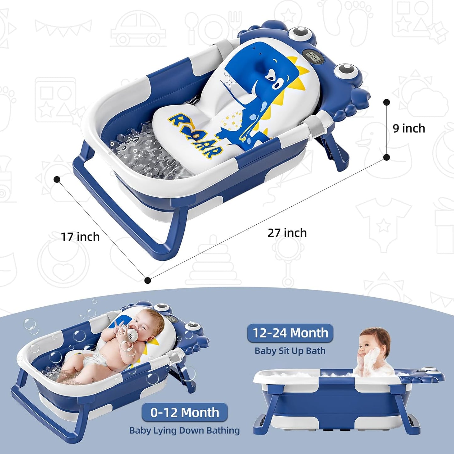 Collapsible Baby Bathtub for Newborns to Toddler with Real-time Temp Monitor & Floating Cushion,Portable Travel Tub for 0-36 Month, Foldable Baby Bath Tub for Infants Boy (Blue)