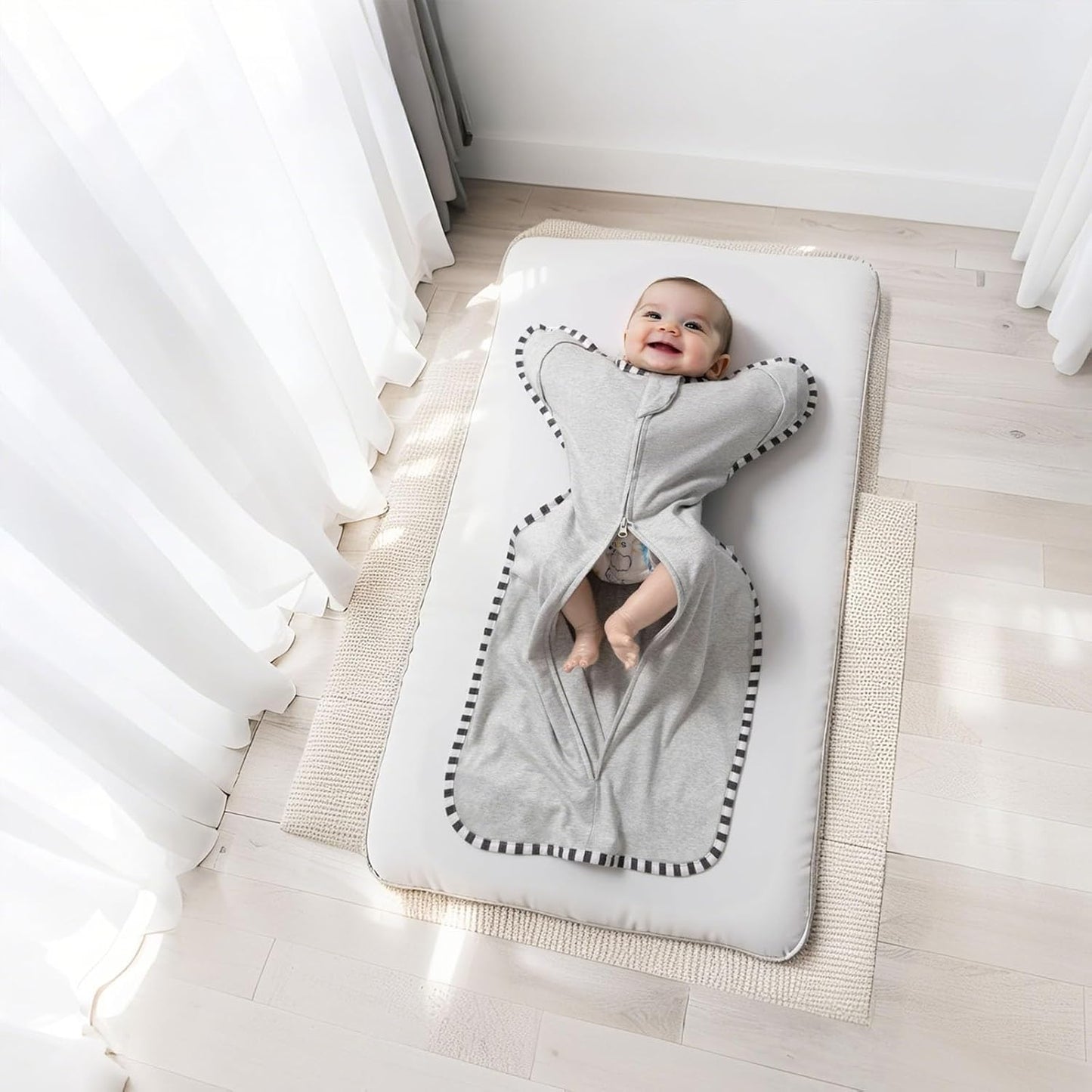 Transition Swaddle, 2 Pack 100% Cotton Baby Sleep Sack, 2-Way Zipper Infant Arm Up Swaddle for Newborn Baby Boys Girls (Light Grey + Estate Blue, L(6-9 Months))